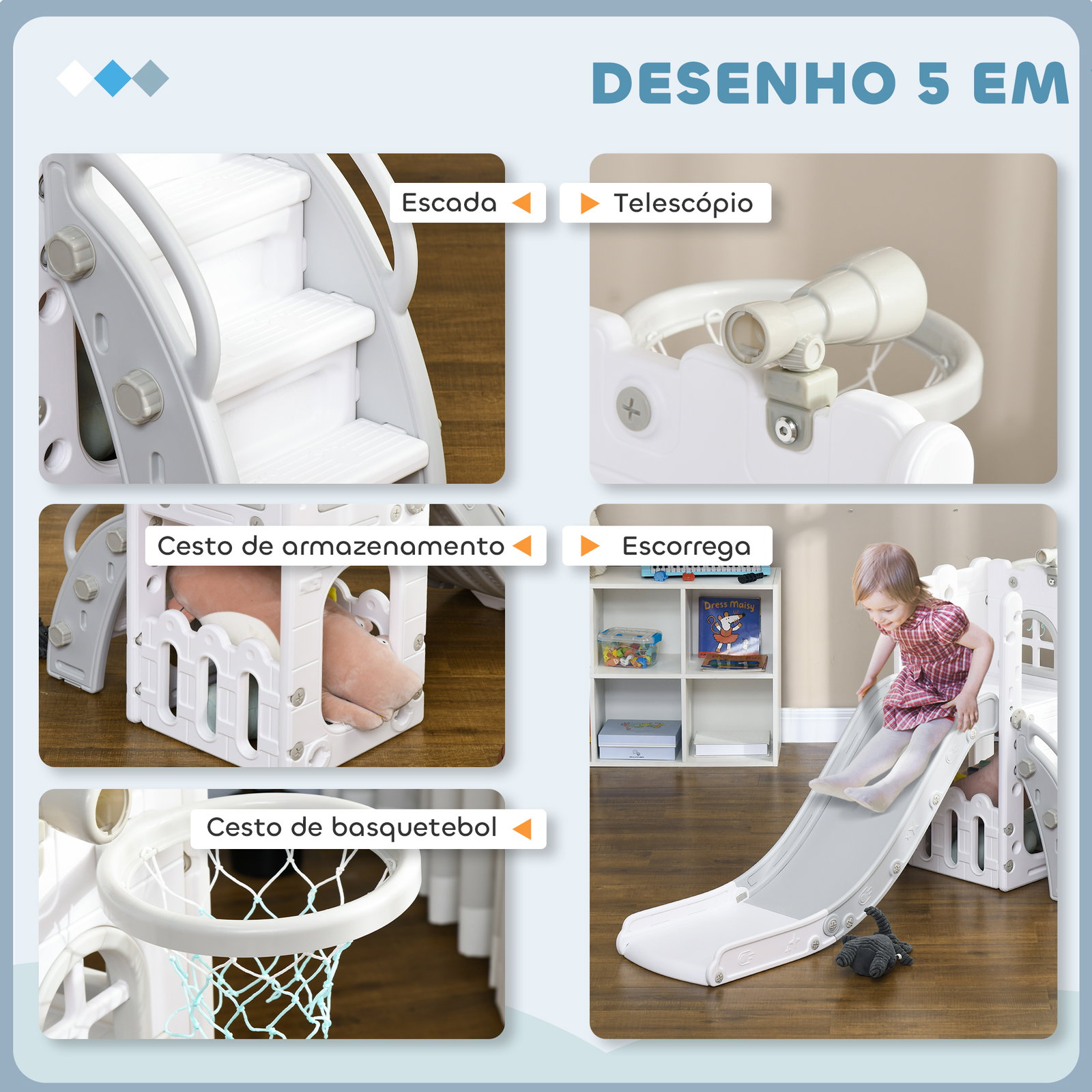Escorrega infantil 5 em 1 para crianças com cesto de basquetebol telescópio escalador e cesta inferior 70x177x92 cm branco e cinza