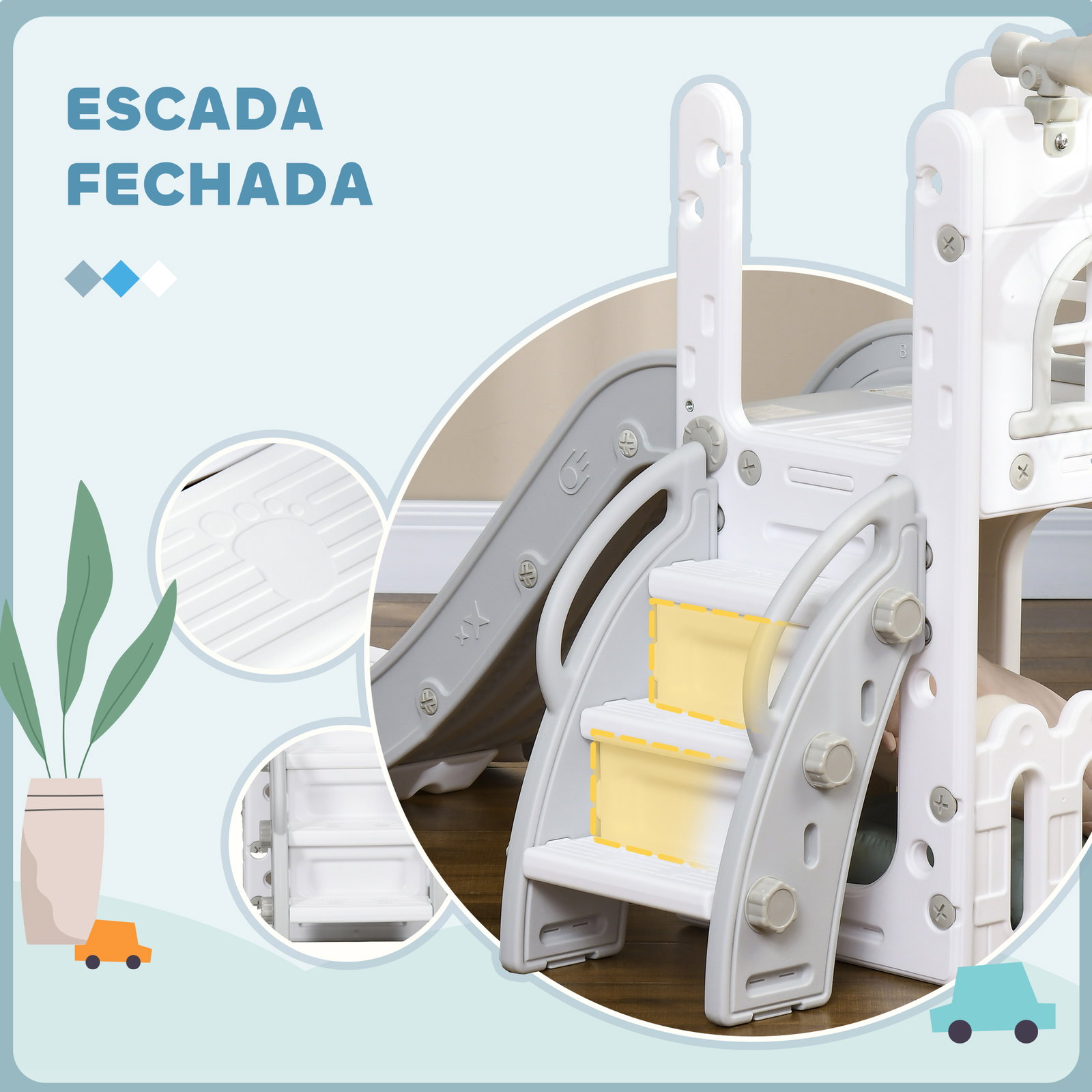 Escorrega infantil 5 em 1 para crianças com cesto de basquetebol telescópio escalador e cesta inferior 70x177x92 cm branco e cinza