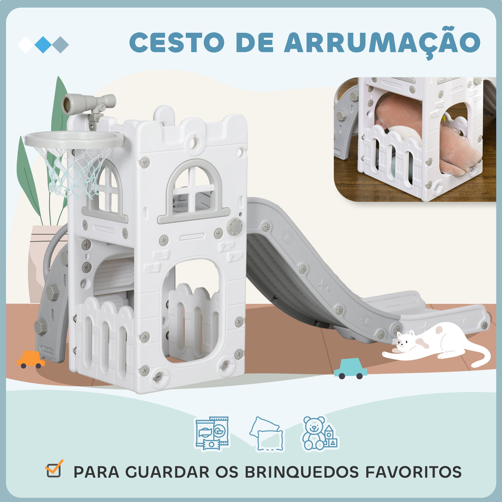 Escorrega infantil 5 em 1 para crianças com cesto de basquetebol telescópio escalador e cesta inferior 70x177x92 cm branco e cinza