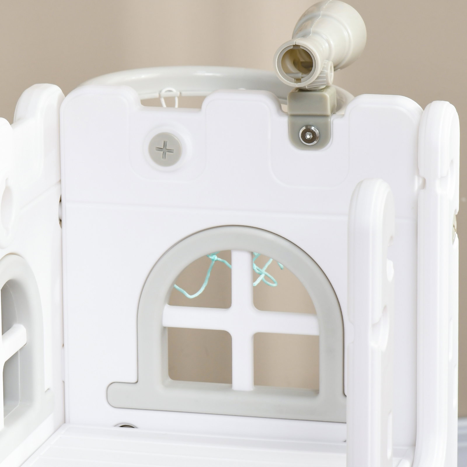 Escorrega infantil 5 em 1 para crianças com cesto de basquetebol telescópio escalador e cesta inferior 70x177x92 cm branco e cinza