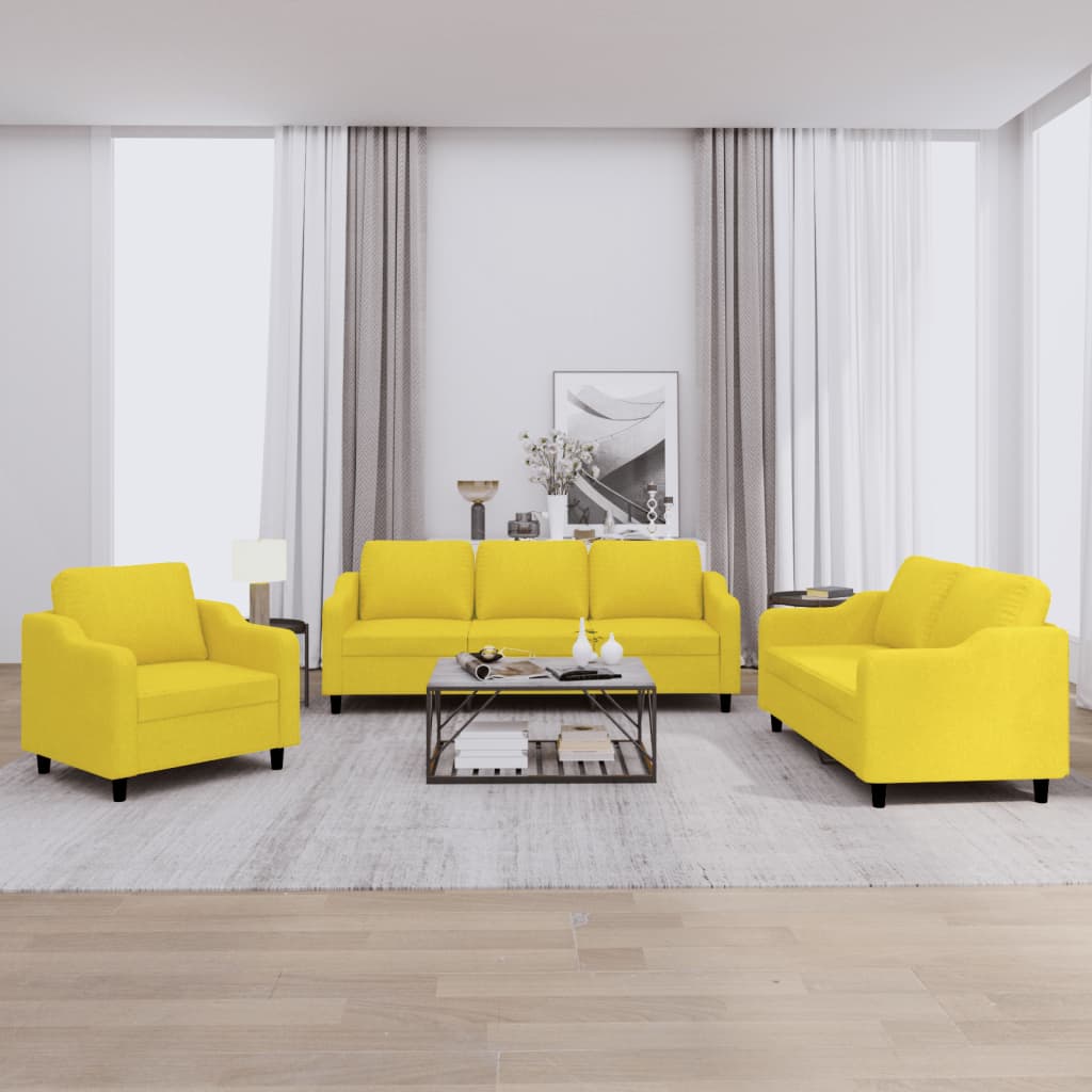 3 Pcs conjunto de sofás com almofadões tecido amarelo-claro