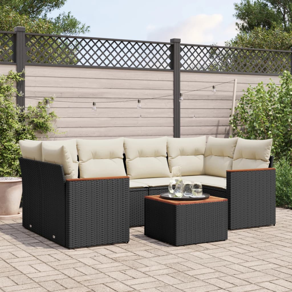 7 Pcs conjunto de sofás p/ jardim c/ almofadões vime PE preto