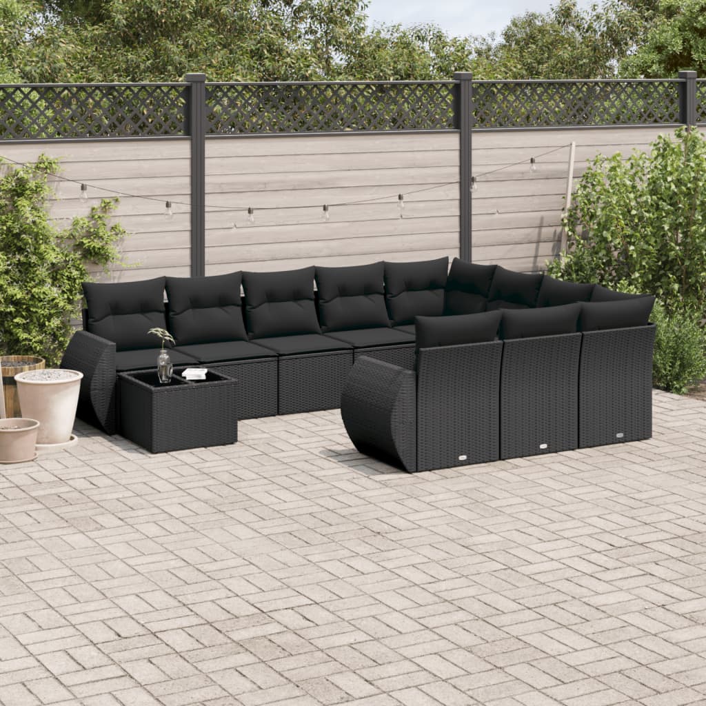 11 Pcs conjunto sofás de jardim c/ almofadões vime PE preto