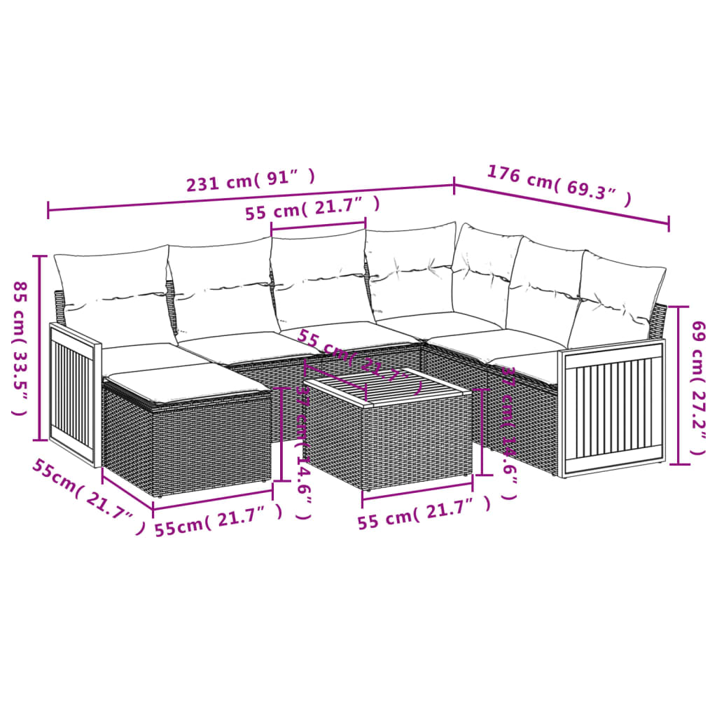 8 Pcs conjunto sofás de jardim com almofadões vime PE preto