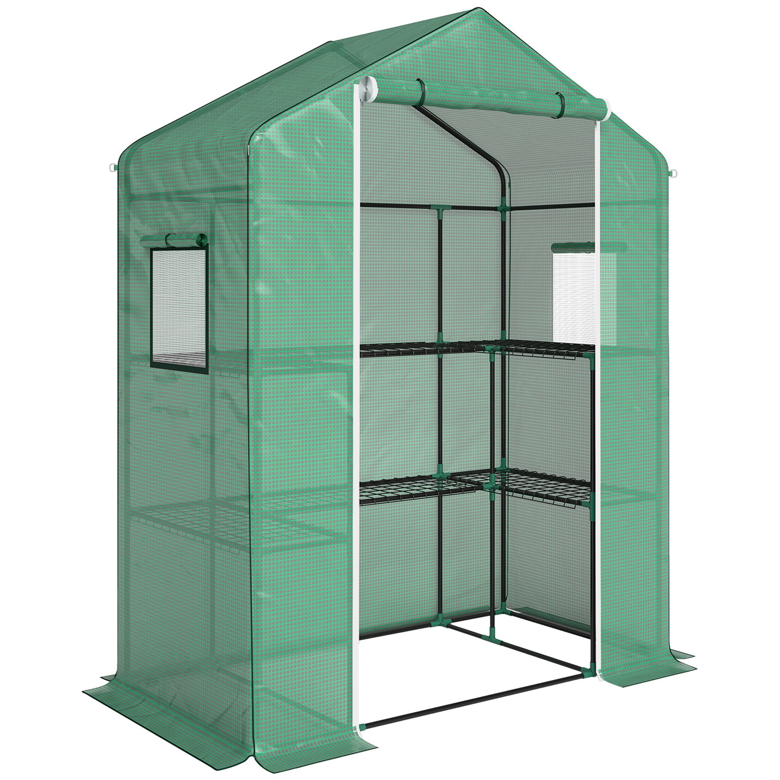 Estufa de jardim com 1 porta 2 janelas e prateleiras de 2 níveis em forma de u para cultivo de plantas 140x73x190 cm verde