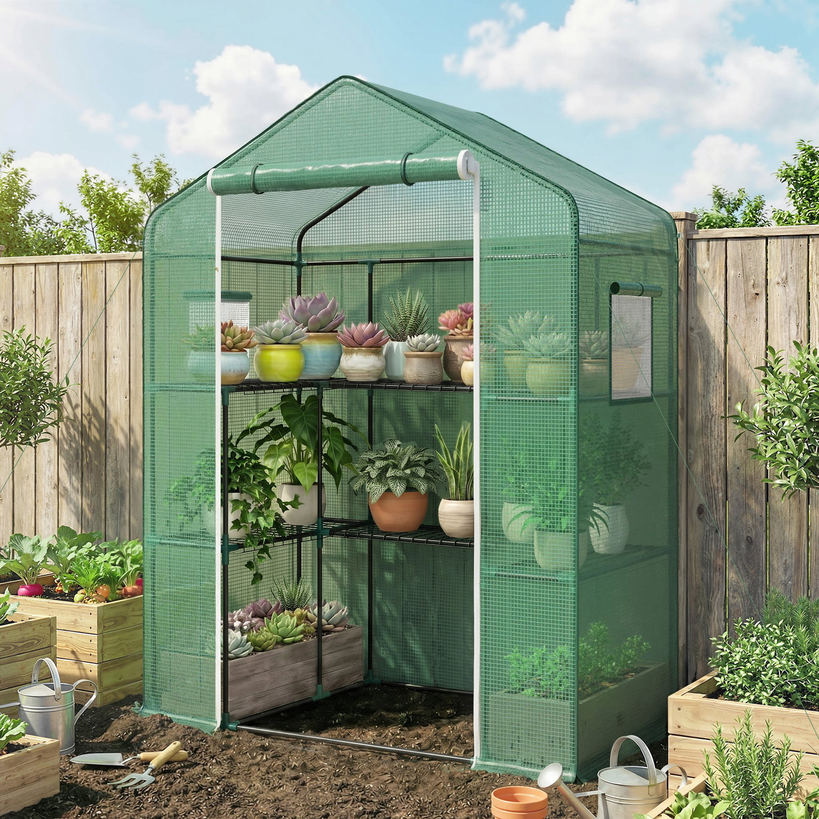 Estufa de jardim com 1 porta 2 janelas e prateleiras de 2 níveis em forma de u para cultivo de plantas 140x73x190 cm verde