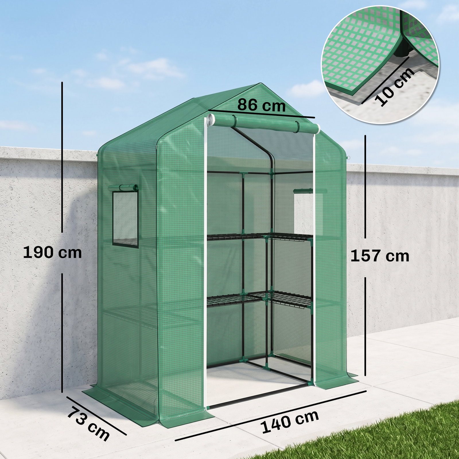 Estufa de jardim com 1 porta 2 janelas e prateleiras de 2 níveis em forma de u para cultivo de plantas 140x73x190 cm verde
