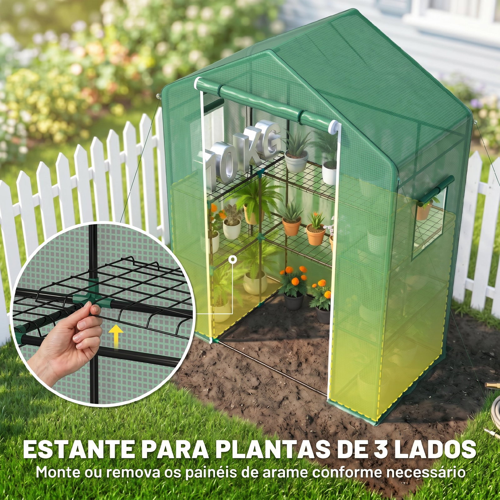 Estufa de jardim com 1 porta 2 janelas e prateleiras de 2 níveis em forma de u para cultivo de plantas 140x73x190 cm verde