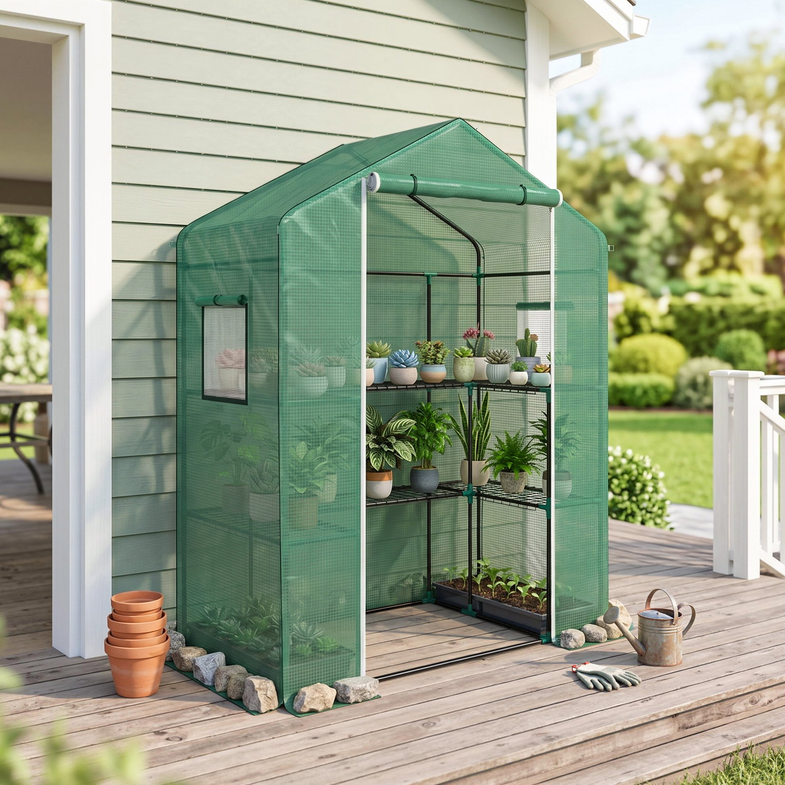 Estufa de jardim com 1 porta 2 janelas e prateleiras de 2 níveis em forma de u para cultivo de plantas 140x73x190 cm verde