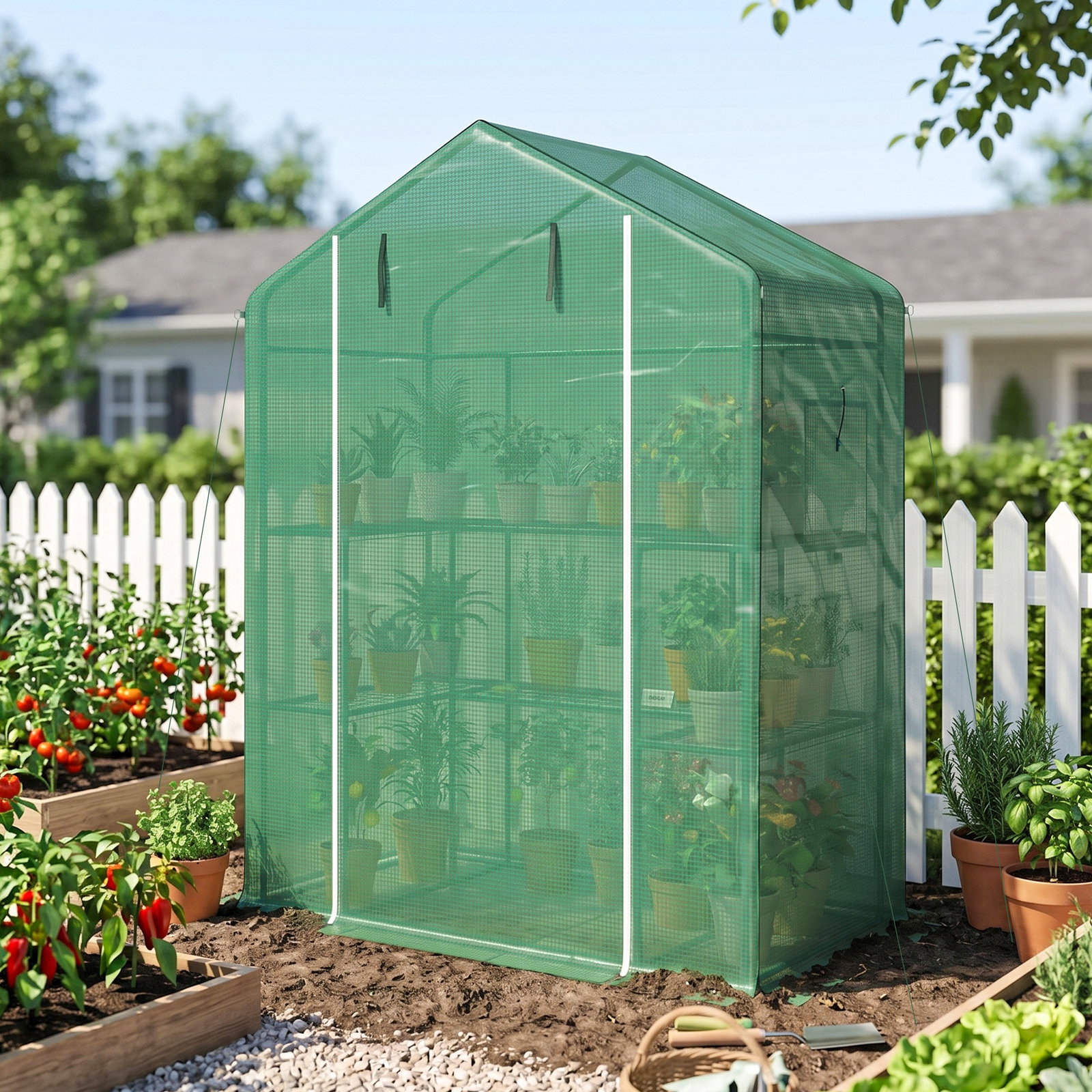 Estufa de jardim com 1 porta 2 janelas e prateleiras de 2 níveis em forma de u para cultivo de plantas 140x73x190 cm verde