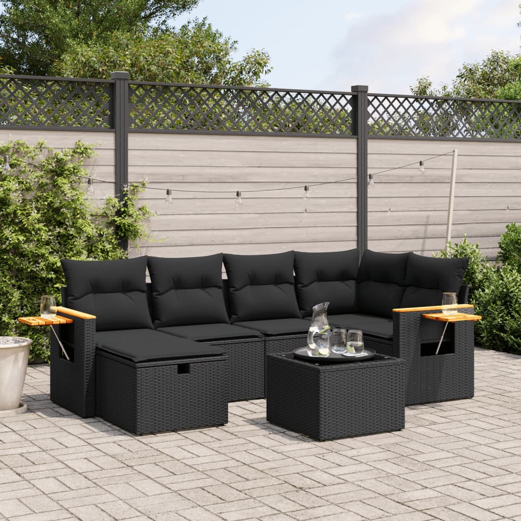 7 Pcs conjunto de sofás p/ jardim c/ almofadões vime PE preto
