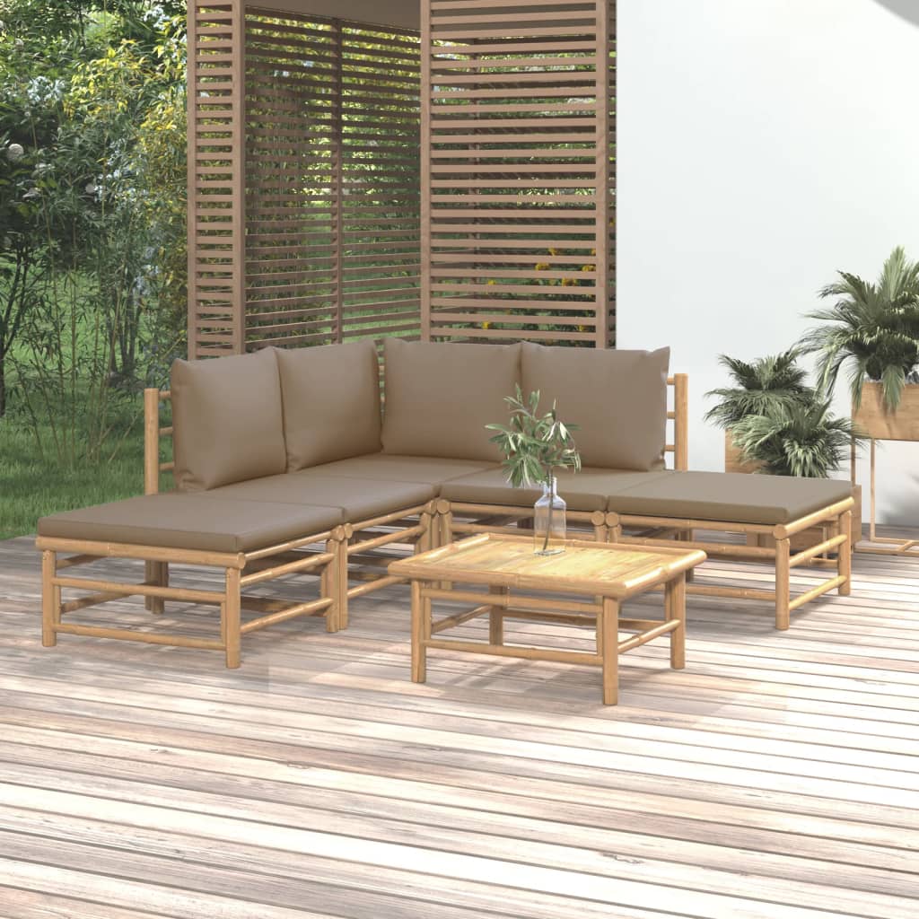 6 Pcs conj. lounge jardim bambu almofadões cinzento-acastanhado