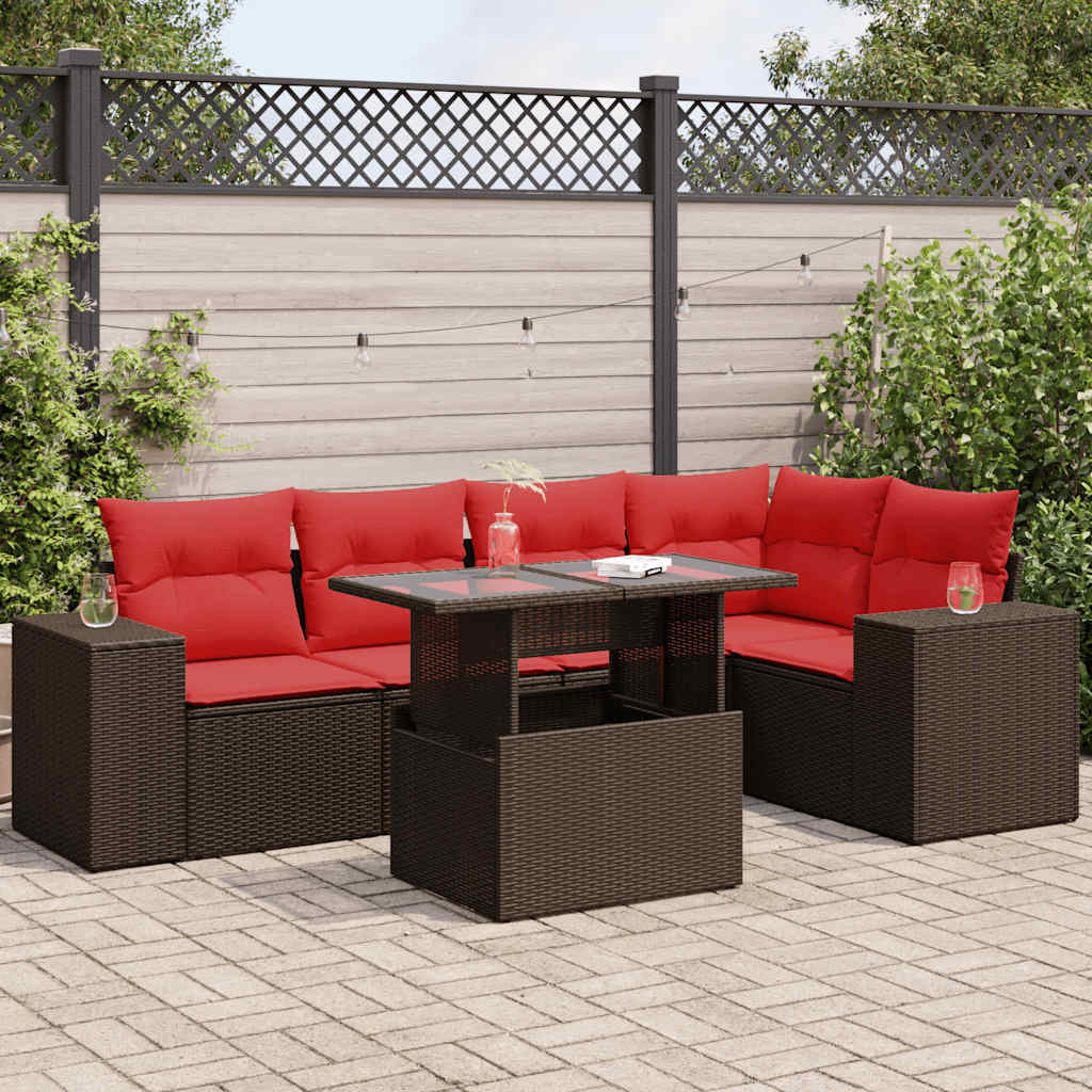 6 Pcs conj. sofás jardim c/ almofadões vime PE/acácia castanho