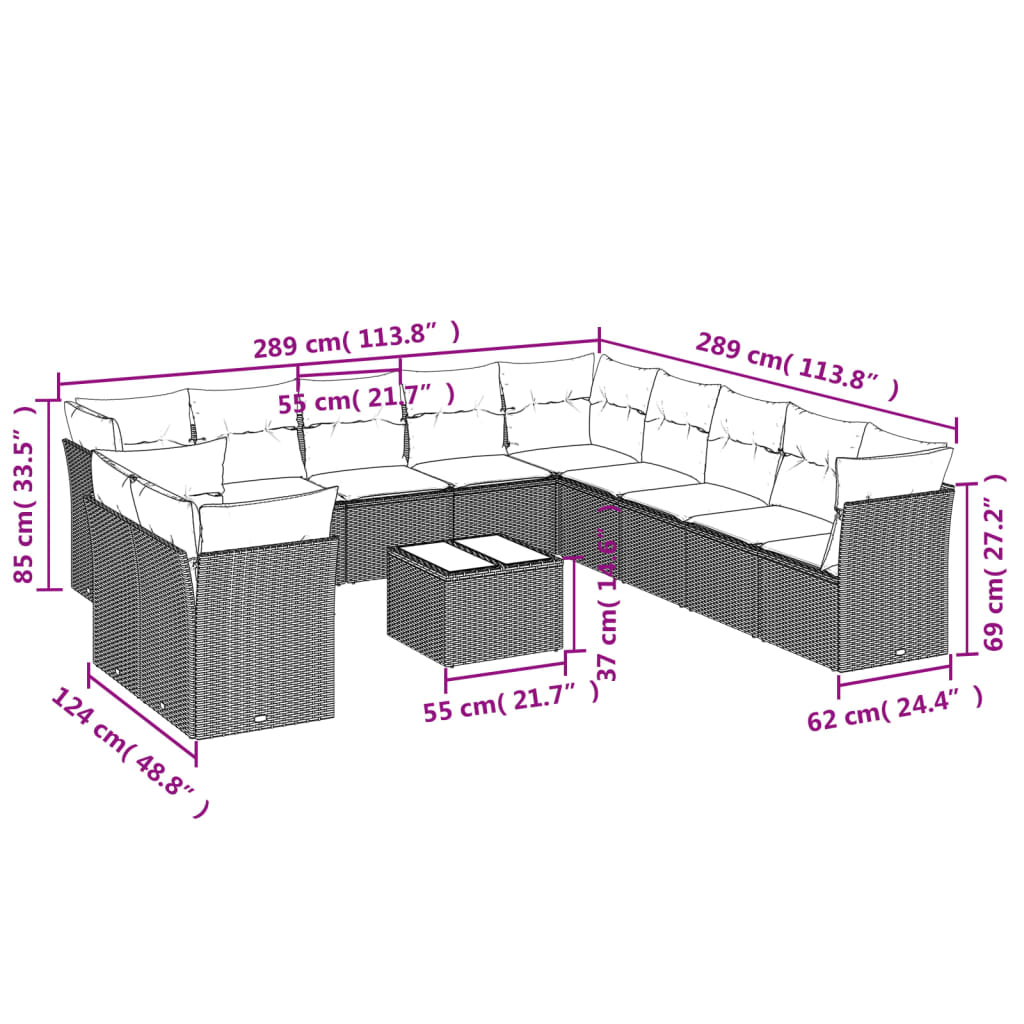 12 Pcs conjunto de sofás p/ jardim com almofadões vime PE bege