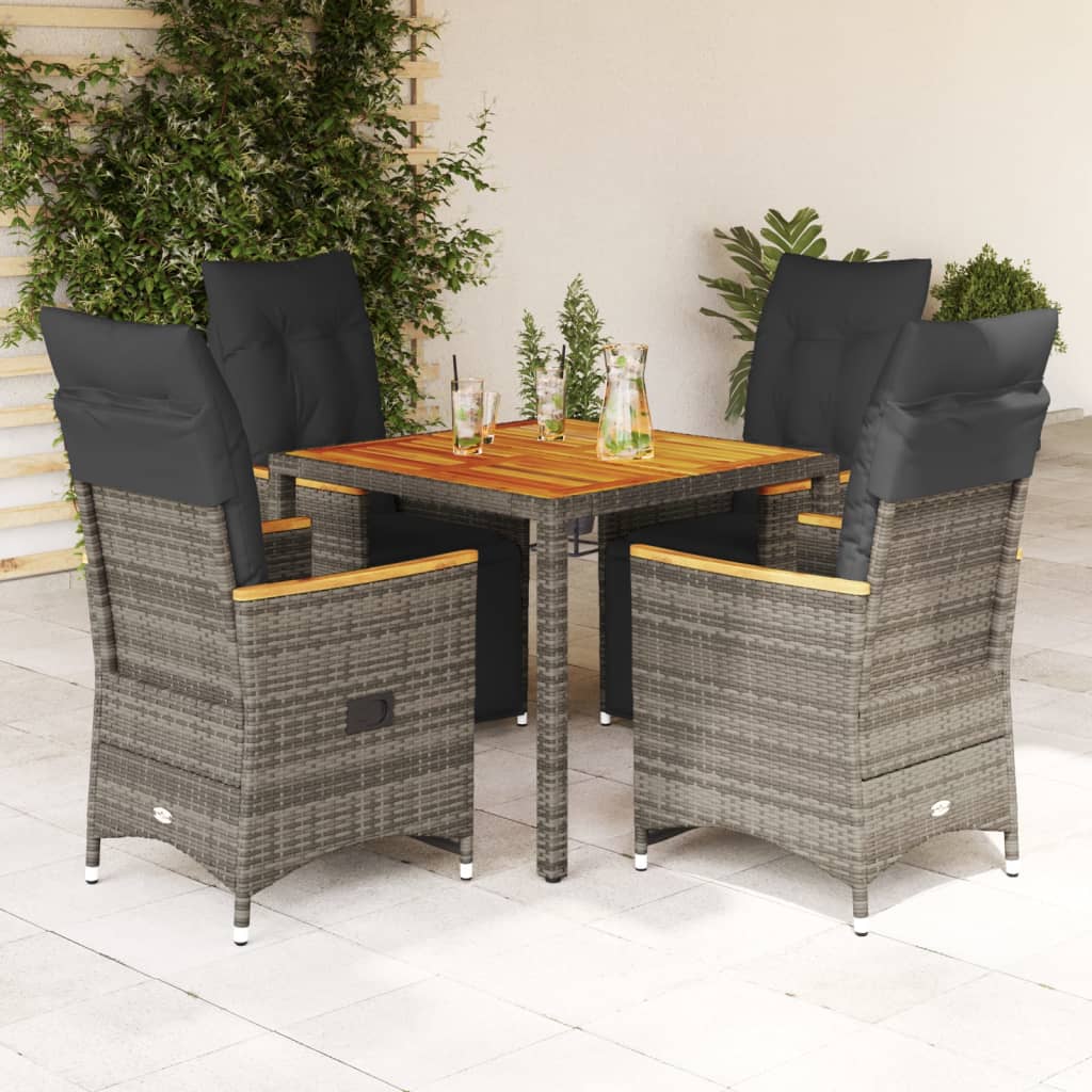 5 Pcs conjunto bistrô de jardim c/ almofadões vime PE cinza