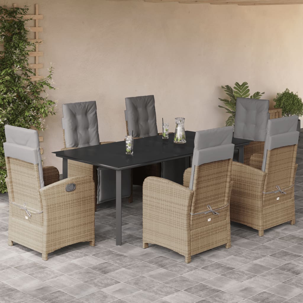 7 Pcs conjunto de jantar p/ jardim com almofadões vime PE bege