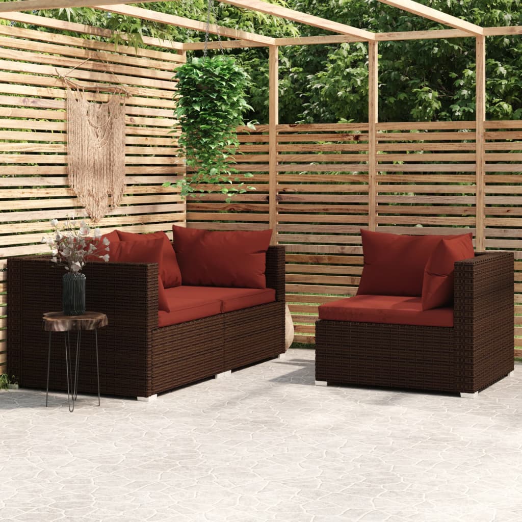 3 Pcs conjunto lounge jardim c/ almofadões vime PE castanho