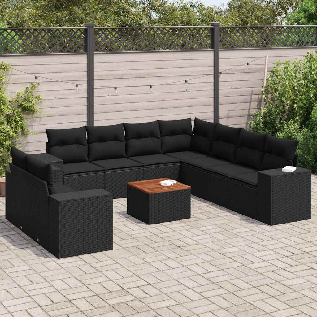 10 Pcs conjunto sofás de jardim c/ almofadões vime PE preto