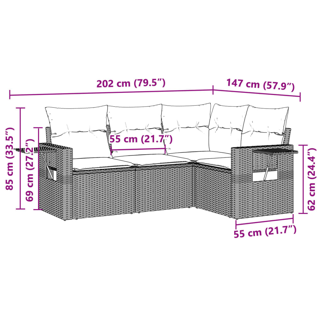 4 Pcs conj. sofás jardim c/ almofadões vime PE cinzento-claro
