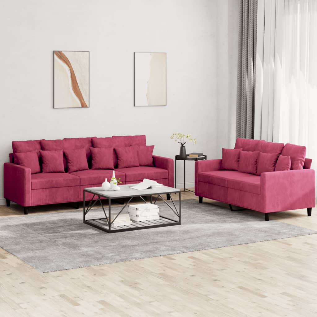 2 Pcs conjunto de sofás com almofadões veludo vermelho tinto