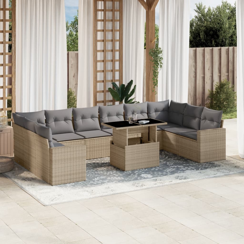 11 Pcs conjunto sofás de jardim c/ almofadões vime PE bege