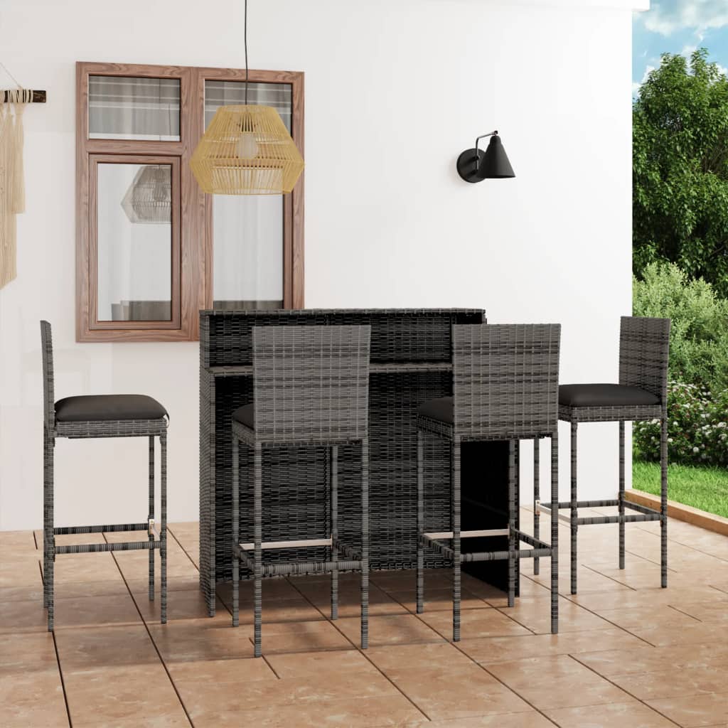 5 Pcs conjunto de bar para jardim com almofadões cinzento