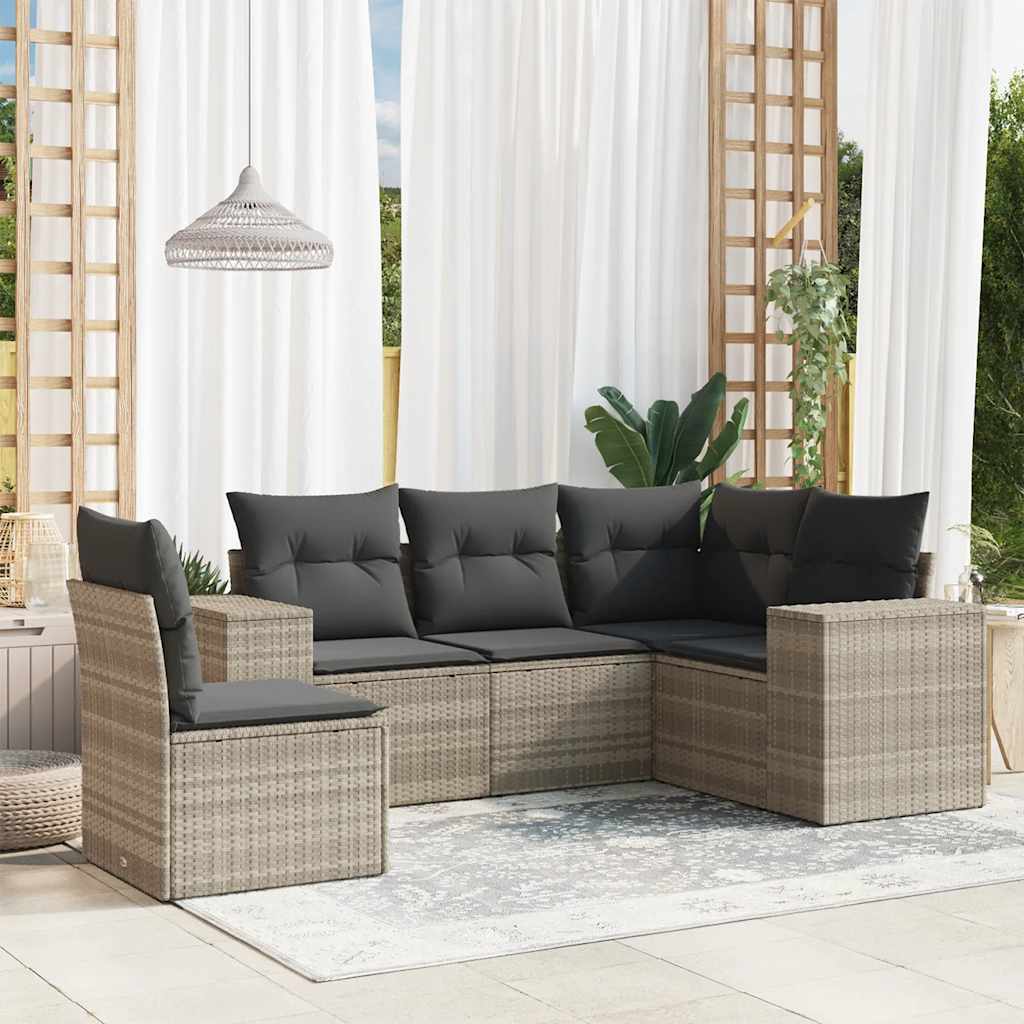 5 Pcs conj. sofás jardim c/ almofadões vime PE cinzento-claro