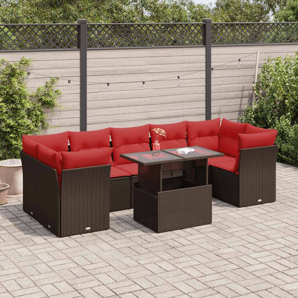 8 Pcs conj. sofás jardim c/ almofadões vime PE/acácia castanho