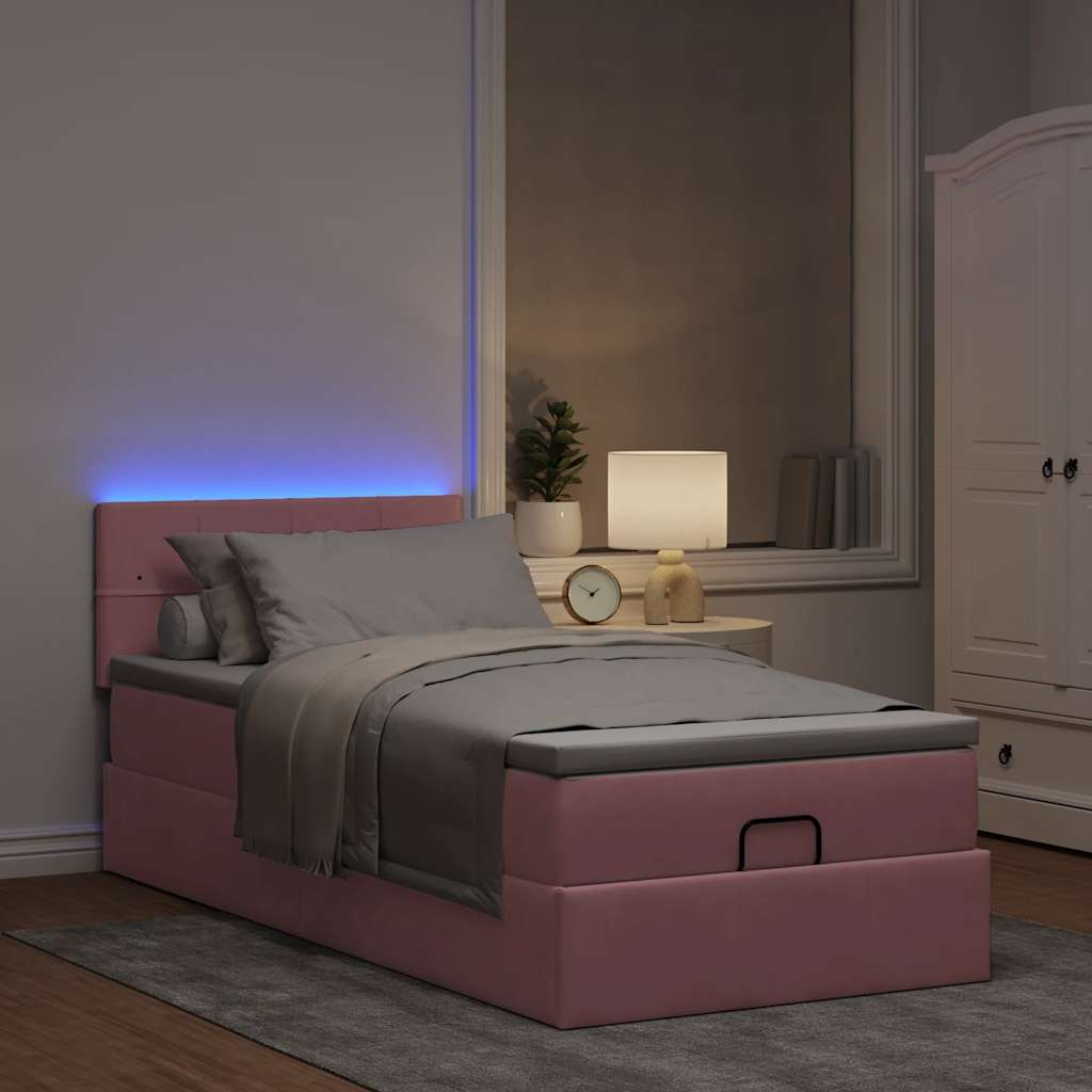 Cama otomana com colchão & leds 80x200cm veludo rosa