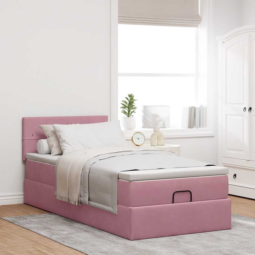 Cama otomana com colchão & leds 80x200cm veludo rosa