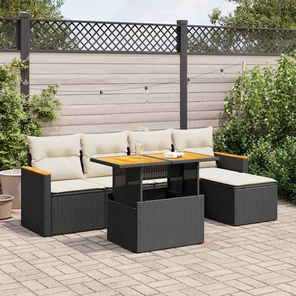 6 Pcs conjunto sofás jardim c/ almofadões vime PE/acácia preto