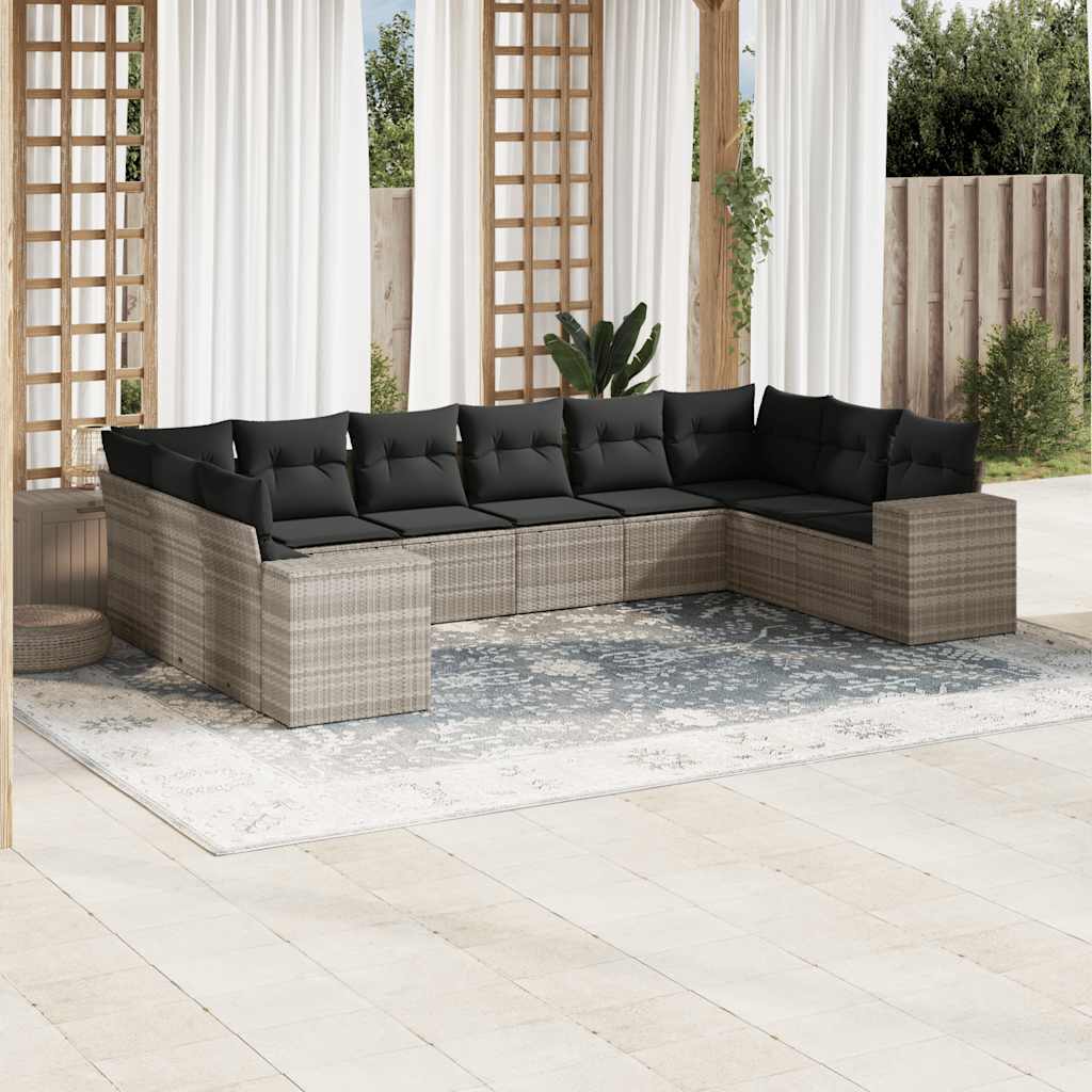 10 Pcs conj. sofás jardim com almofadões vime PE cinzento-claro