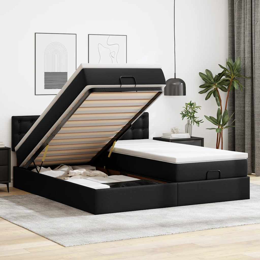 Cama otomana com colchões&leds 180x200cm couro artificial preto
