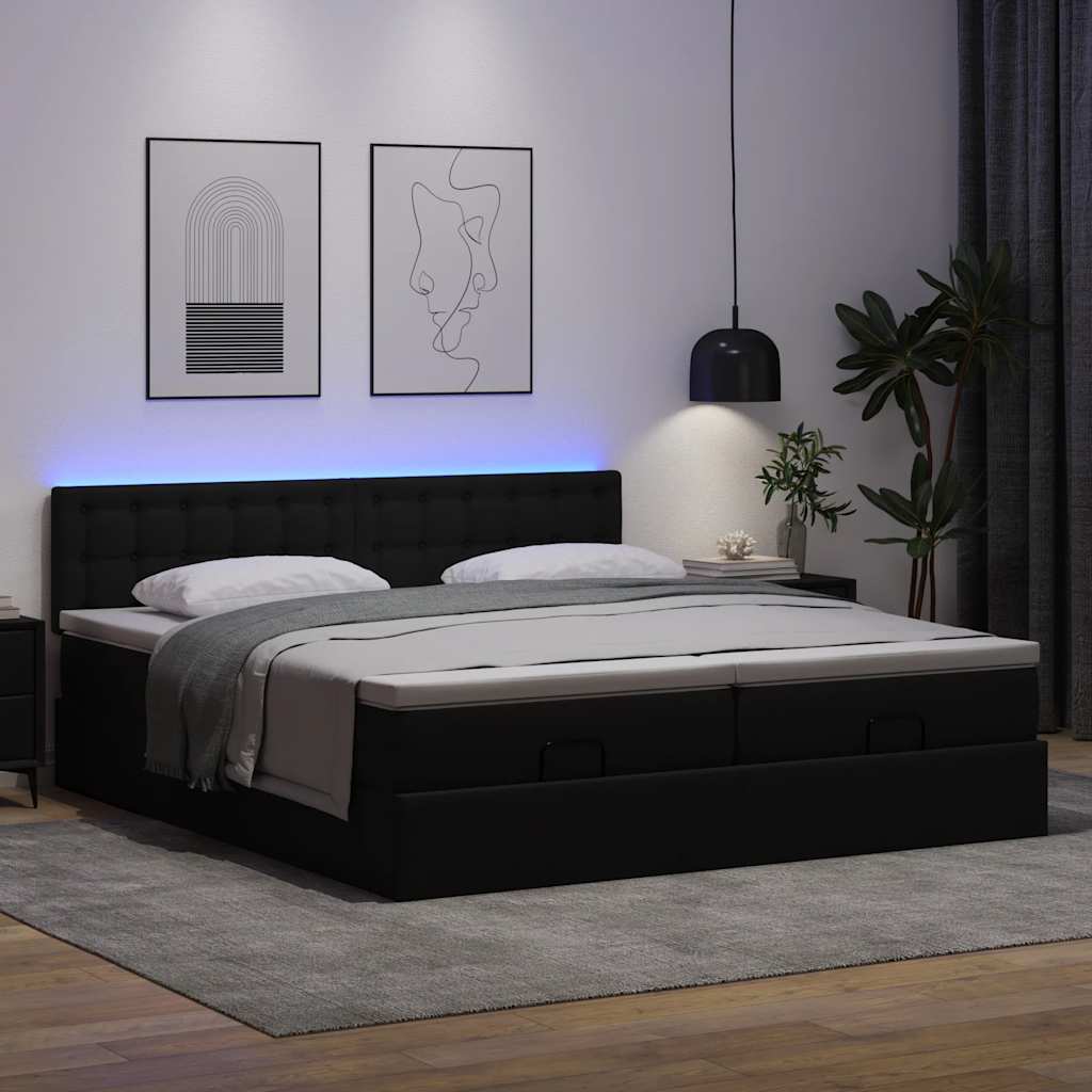 Cama otomana com colchões&leds 180x200cm couro artificial preto