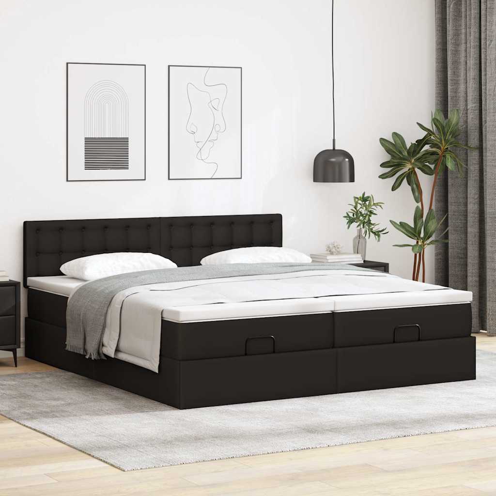 Cama otomana com colchões&leds 180x200cm couro artificial preto