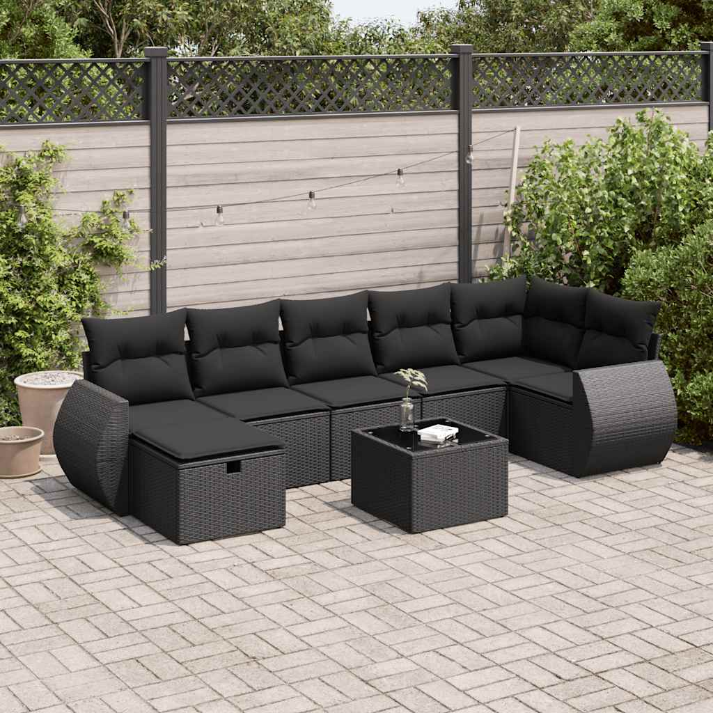 8 Pcs conjunto sofás de jardim com almofadões vime PE preto
