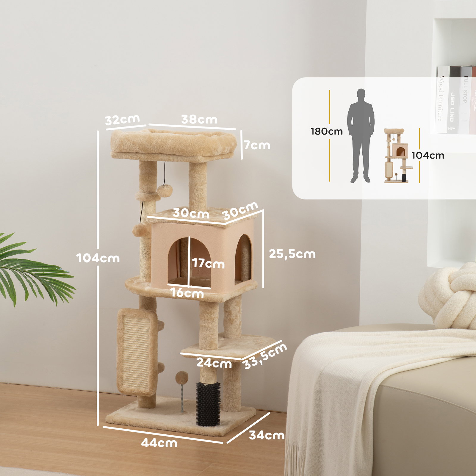 Arranhador para gatos grande altura 104 cm com plataformas postes com escova bolas suspensas e almofadas para arranhar bege