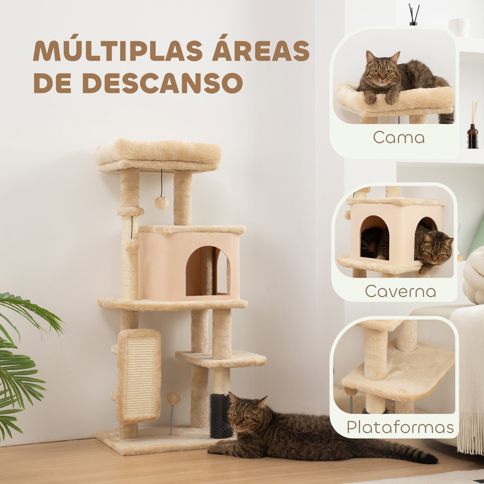 Arranhador para gatos grande altura 104 cm com plataformas postes com escova bolas suspensas e almofadas para arranhar bege