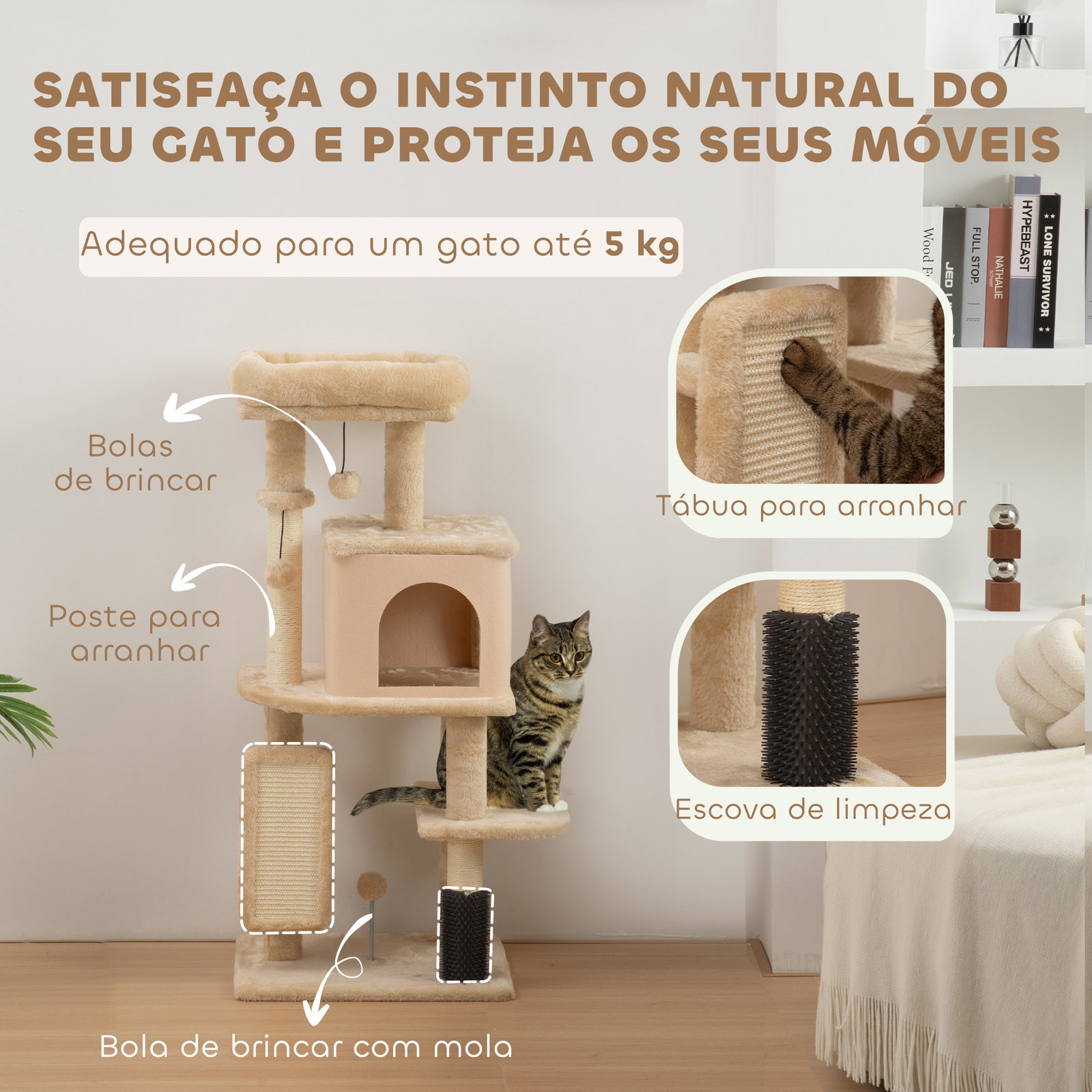 Arranhador para gatos grande altura 104 cm com plataformas postes com escova bolas suspensas e almofadas para arranhar bege