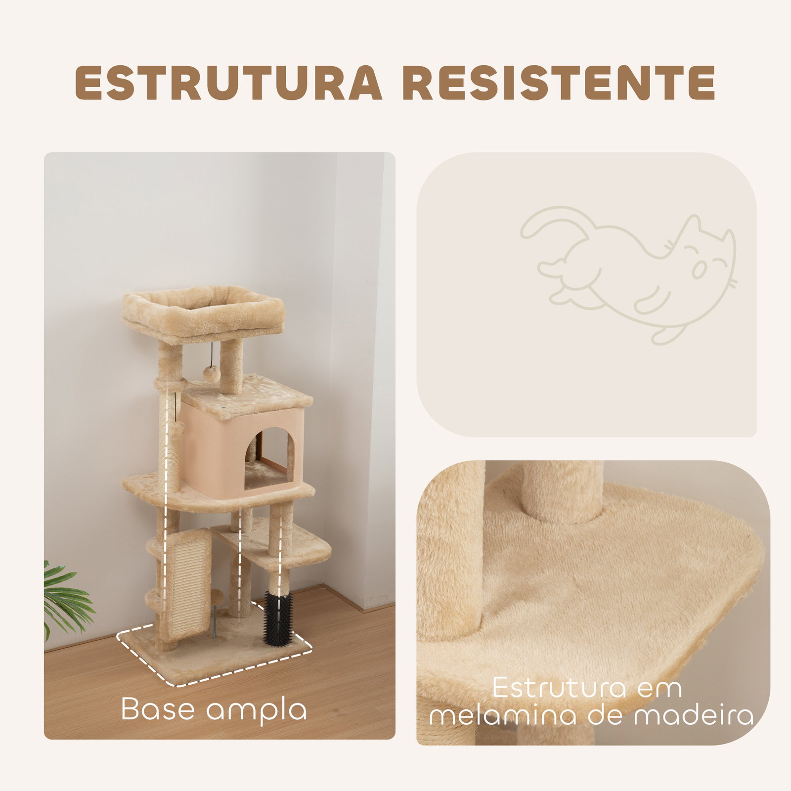 Arranhador para gatos grande altura 104 cm com plataformas postes com escova bolas suspensas e almofadas para arranhar bege