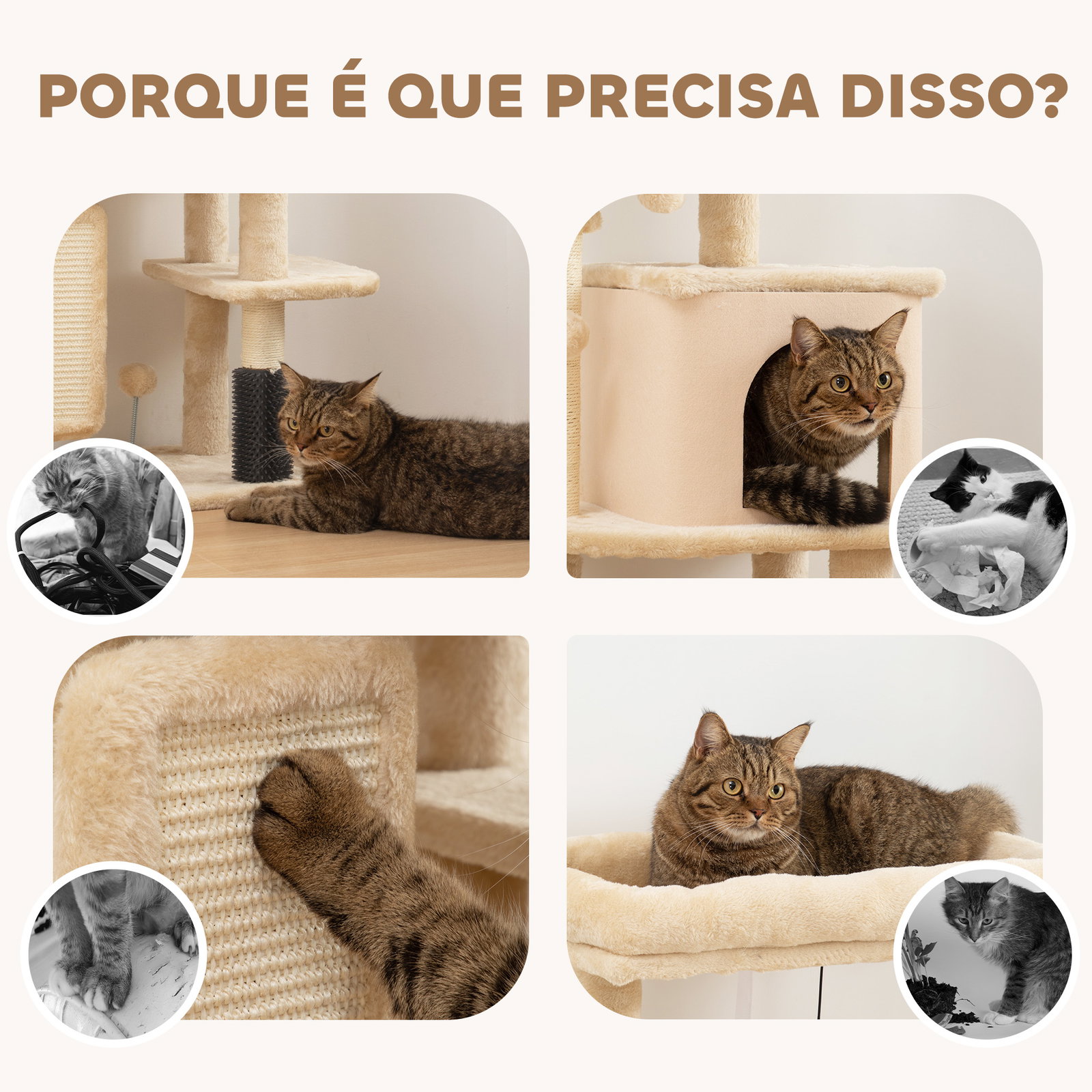 Arranhador para gatos grande altura 104 cm com plataformas postes com escova bolas suspensas e almofadas para arranhar bege