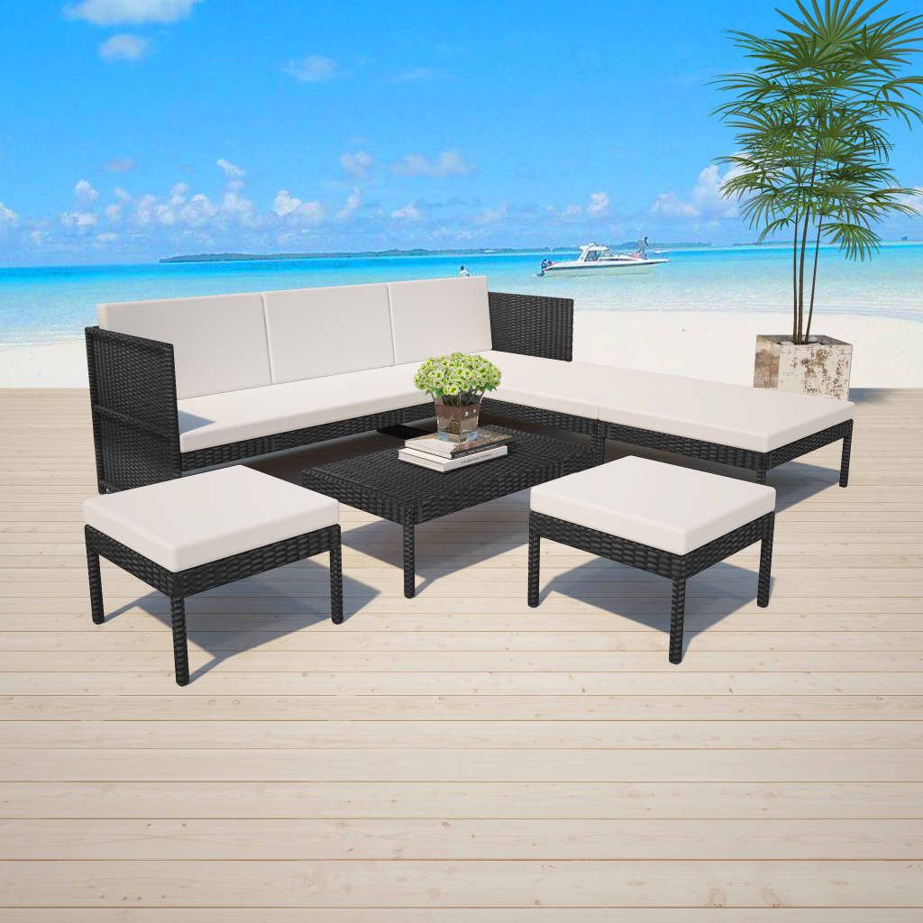 6 Pcs conjunto lounge de jardim c/ almofadões vime PE preto