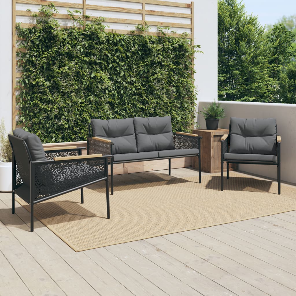 3 Pcs conjunto mobiliário de varanda com almofadões aço preto