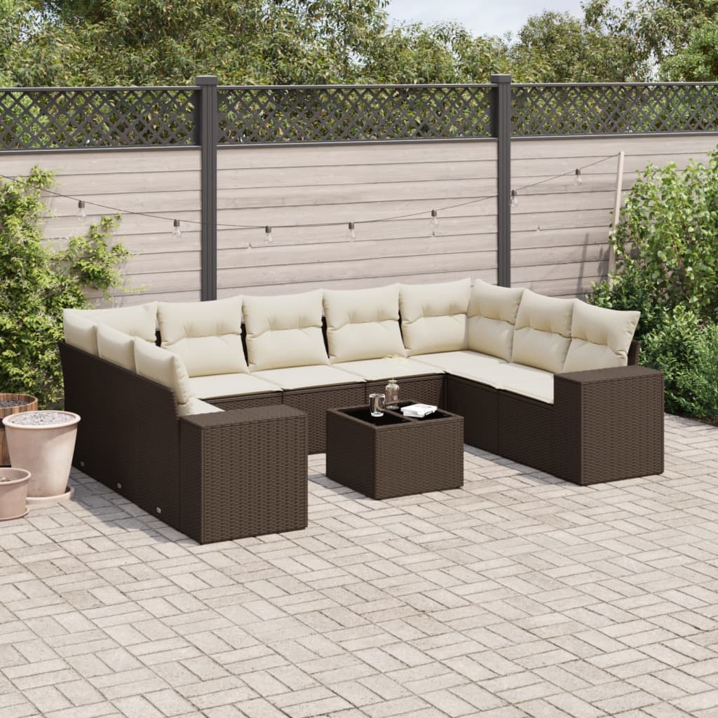 10 Pcs conj. sofás jardim com almofadões vime PE castanho