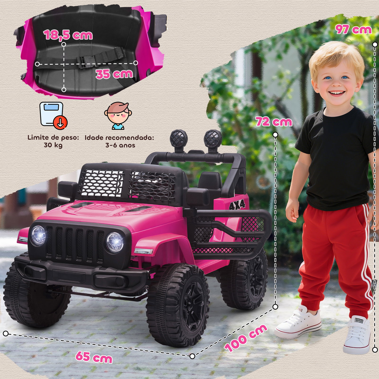 Carro elétrico infantil bateria 12v com 2 motores controle remoto 2.4g luzes buzina velocidade ajustável 100x65x72 cm rosa