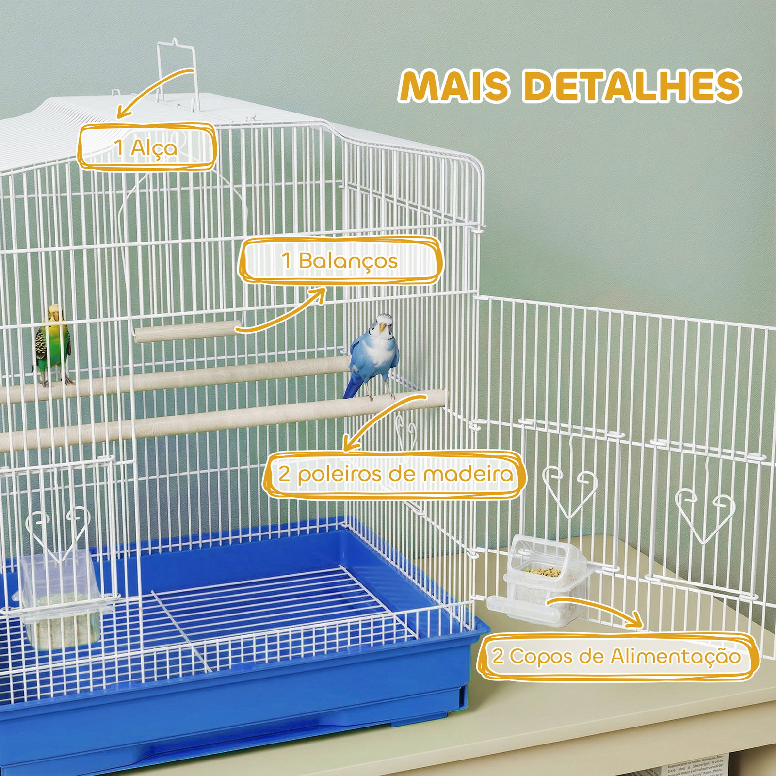Gaiola para pássaros gaiola de aço com 2 recipientes 2 poleiros baloiço e bandeja removível pega 46,5x36x59 cm azul