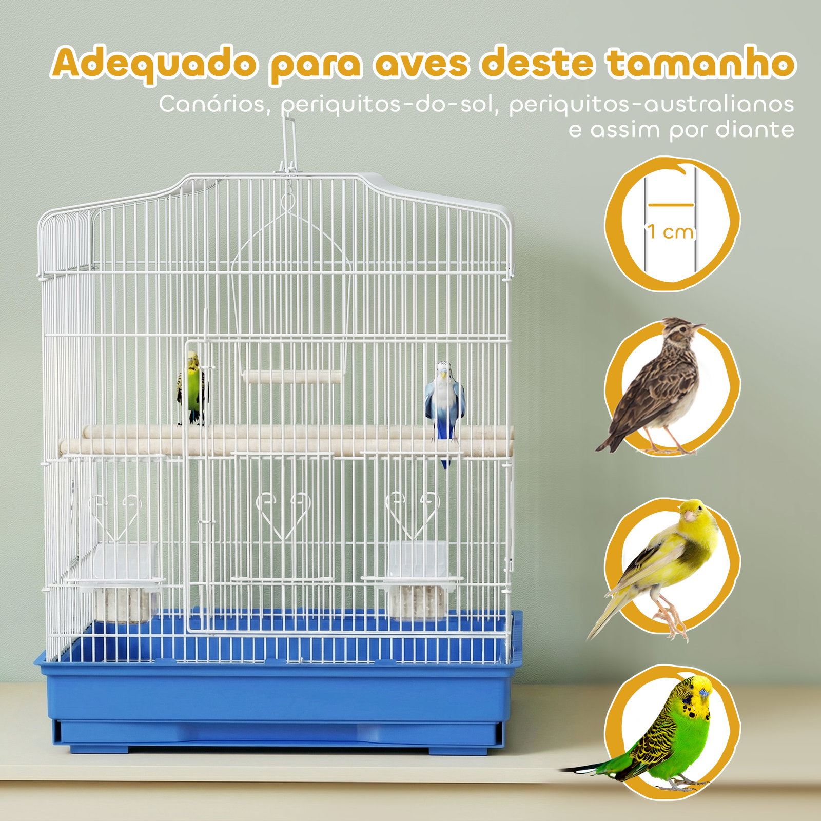 Gaiola para pássaros gaiola de aço com 2 recipientes 2 poleiros baloiço e bandeja removível pega 46,5x36x59 cm azul