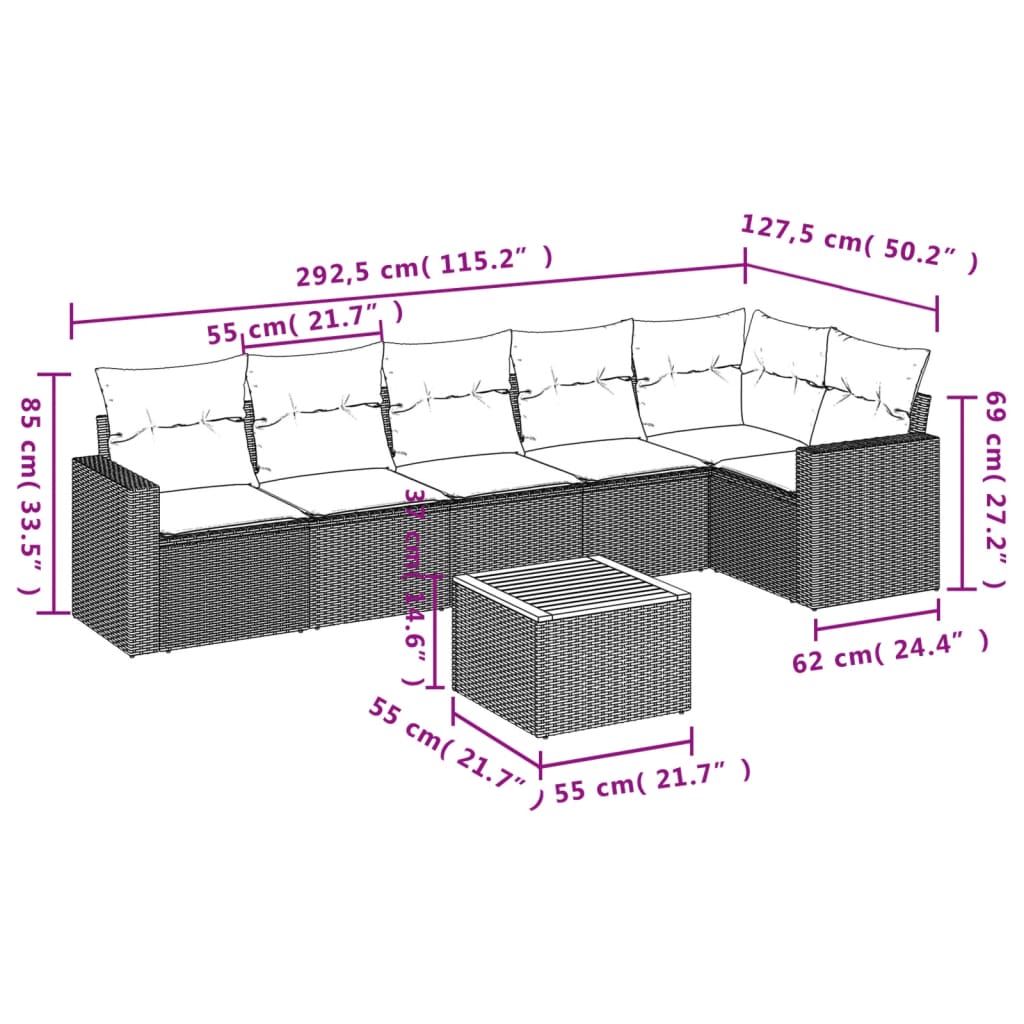7 Pcs conjunto de sofás p/ jardim c/ almofadões vime PE preto