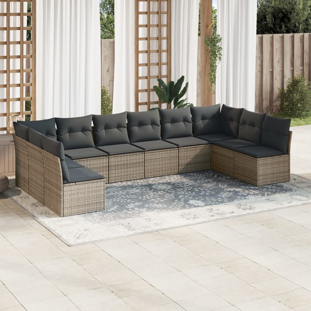 10 Pcs conjunto sofás de jardim c/ almofadões vime PE cinzento