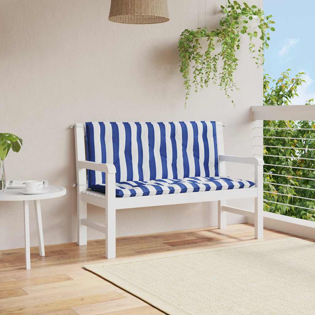 Almofadões p/ banco jardim 2 pcs 120x50x7 cm tecido azul/branco